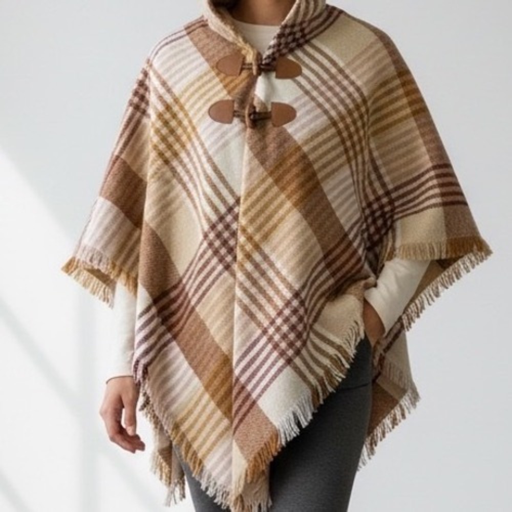 Sonoma Plaid Poncho shawl Wrap Spice One Size NWT cozy cottage peasant toggles